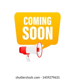 Hand holding megaphone with coming soon