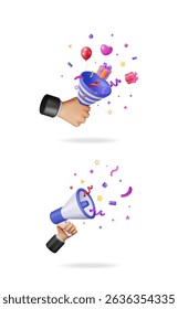 Hand holding a megaphone with confetti and another hand holding a party popper with gifts and balloon, for celebration and announcement.