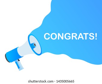 Hand holding megaphone - Congrats. Vector stock illustration.