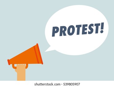 A hand holding a megaphone with conversation bubble of protest