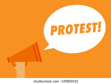 A hand holding a megaphone with conversation bubble of protest