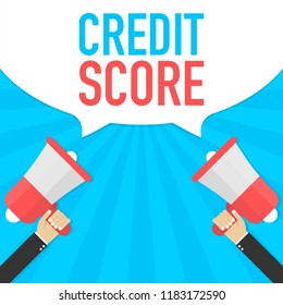 Hand Holding Megaphone with Credit score. Vector stock illustration.