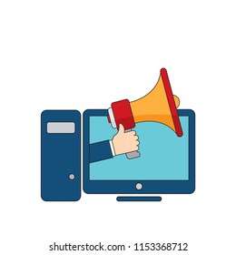 Hand holding megaphone and desktop computer screen ,icon, background. Vector illustration