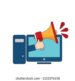 Hand holding megaphone and desktop computer screen ,icon, background. Vector illustration