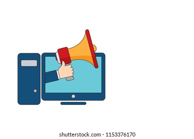 Hand holding megaphone and desktop computer screen ,icon, background. Vector illustration