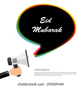 Hand holding megaphone with Eid Mubarak speech bubbles vector