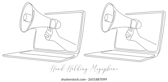 Mão segurando Megafone emergindo de uma tela de laptop ícone de marketing digital conceito contínuo uma linha desenho editável traço	