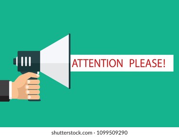 Hand holding a megaphone, flat design, promotion, social media marketing concept. Isolated on a background. Vector, eps10, illustration