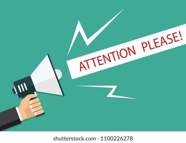 Hand holding a megaphone, flat design, promotion, social media marketing concept. Isolated on a background. Vector, eps10, illustration