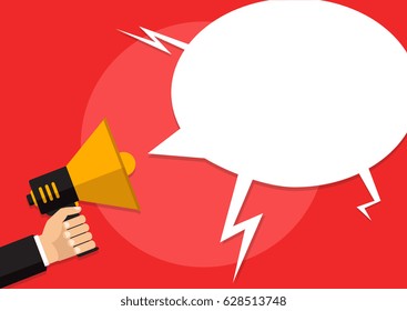 Hand holding a megaphone, flat design, promotion, social media marketing concept. Isolated on a background. Vector, eps10, illustration