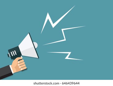 Hand holding a megaphone, flat design, promotion, social media marketing concept. Isolated on a background. Vector, eps10, illustration