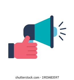 Hand holding megaphone flat style icon design, Amplifer speaker bullhorn announce theme Vector illustration