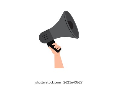 Mão segurando vetor plano megaphone para anúncio, alerta ou ilustração de conceito de campanha de marketing.