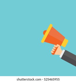 Hand holding megaphone. Flat vector illustration.