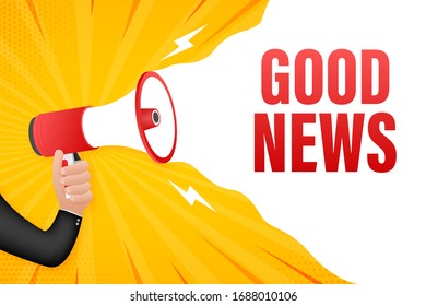 Hand Holding Megaphone with good news. Megaphone banner. Web design. Vector stock illustration.