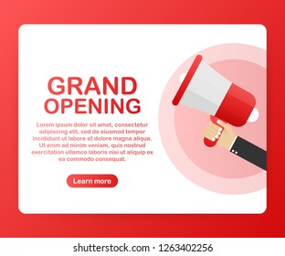 Hand holding megaphone - Grand opening. Vector stock illustration.