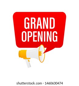 Hand holding megaphone with Grand opening.