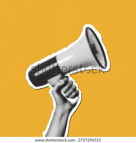 Hand holding a megaphone with halftone collage.