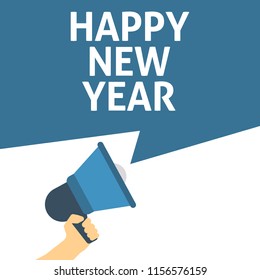 Hand Holding Megaphone With HAPPY NEW YEAR Announcement. Flat Vector Illustration