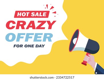 Hand Holding Megaphone hot sale and crazy offer banners advertising discounts for one day.