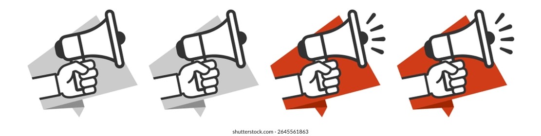 Hand holding megaphone icon, announcement symbol, loudspeaker illustration, protest and promotion sign, marketing concept, vector design, isolated on transparent background