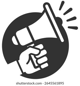 Hand holding megaphone icon, announcement symbol, loudspeaker illustration, protest and promotion sign, marketing concept, vector design, isolated on transparent background