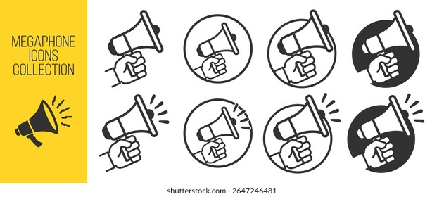 Hand holding megaphone icon, announcement symbol, loudspeaker illustration, protest and promotion sign, marketing concept, vector design, isolated on transparent background