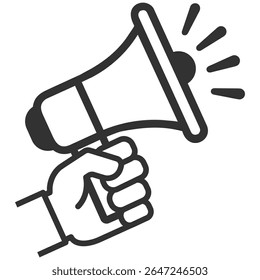 Hand holding megaphone icon, announcement symbol, loudspeaker illustration, protest and promotion sign, marketing concept, vector design, isolated on transparent background