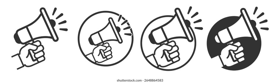 Hand holding megaphone icon, announcement symbol, loudspeaker illustration, protest and promotion sign, marketing concept, vector design, isolated on transparent background