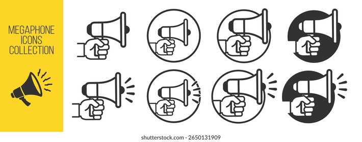 Hand holding megaphone icon, announcement symbol, loudspeaker illustration, protest and promotion sign, marketing concept, vector design, isolated on transparent background