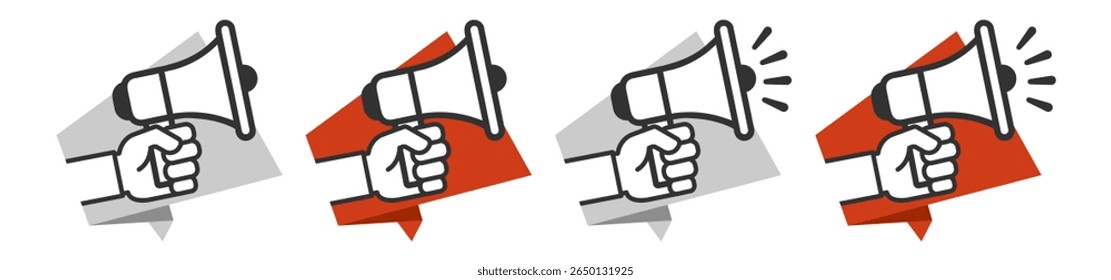 Hand holding megaphone icon, announcement symbol, loudspeaker illustration, protest and promotion sign, marketing concept, vector design, isolated on transparent background