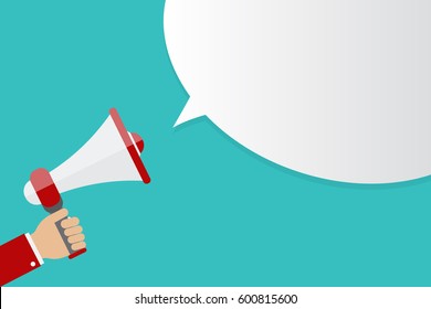 Hand holding Megaphone icon isolated on blue background with speech bubble, vector illustration