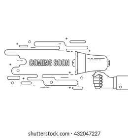 Hand holding a megaphone. Icon  loudspeaker with linear banner.