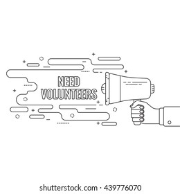 Hand holding a megaphone. Icon  loudspeaker with linear banner.