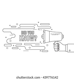 Hand holding a megaphone. Icon  loudspeaker with linear banner.