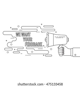 Hand holding a megaphone. Icon  loudspeaker with linear banner. 