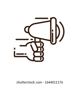 mano sosteniendo un icono megáfono sobre fondo blanco, estilo de línea, diseño de ilustración vectorial