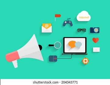 Hand holding Megaphone with Icon Set. Vector Illustration