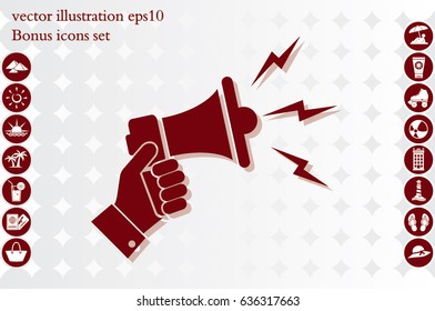 Hand holding a megaphone icon vector. The concept of speaking aloud news announcements and advertising flat style.