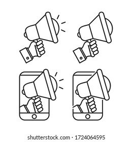 Mano sosteniendo iconos megáfonos Símbolo vectorial plano con smartphone