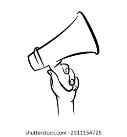 Dibujo manual de la ilustración de megáfono dibujado a mano, con la mano sujetando el arte de la línea Megaphone