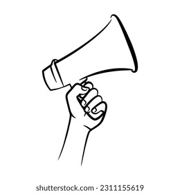 Dibujo manual de la ilustración de megáfono dibujado a mano, con la mano sujetando el arte de la línea Megaphone