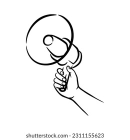 Hand holding megaphone illustration vector hand drawn, Hand holding Megaphone line art