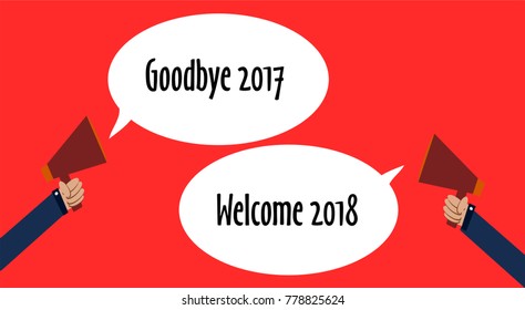 Hand holding megaphone illustration vector with word goodbye 107, welcome 2018