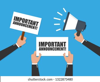 Hand Holding Megaphone With Important Announcement. Vector Flat