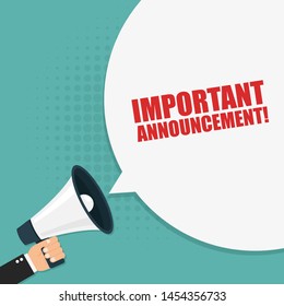 Hand Holding Megaphone With Important Announcement. Vector Flat