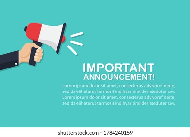 Hand holding megaphone with important announcement in a flat design