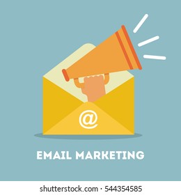 Hand is holding a megaphone inside an envelope as a symbol of email marketing