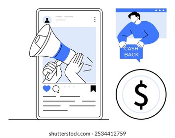 Una mano sosteniendo un megáfono dentro de una publicación de redes sociales, una persona destacando una oferta de devolución de dinero y un símbolo de dólar. Ideal para marketing, redes sociales, comercio electrónico, promociones, publicidad. Línea simple