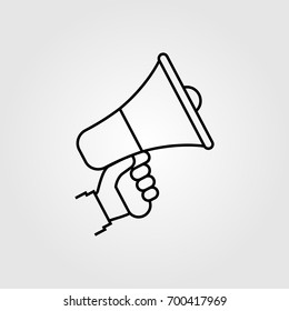 Hand holding megaphone. Isolated icon on white background. Modern minimal design with a line. Speaker, loudspeaker silhouette. Vector illustration. Advertising and promotion symbol.